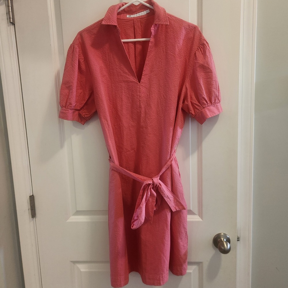 Southern Tide Womens Coral Seersucker Puff Sleeve V-Neck Tie Waist Mini Dress M